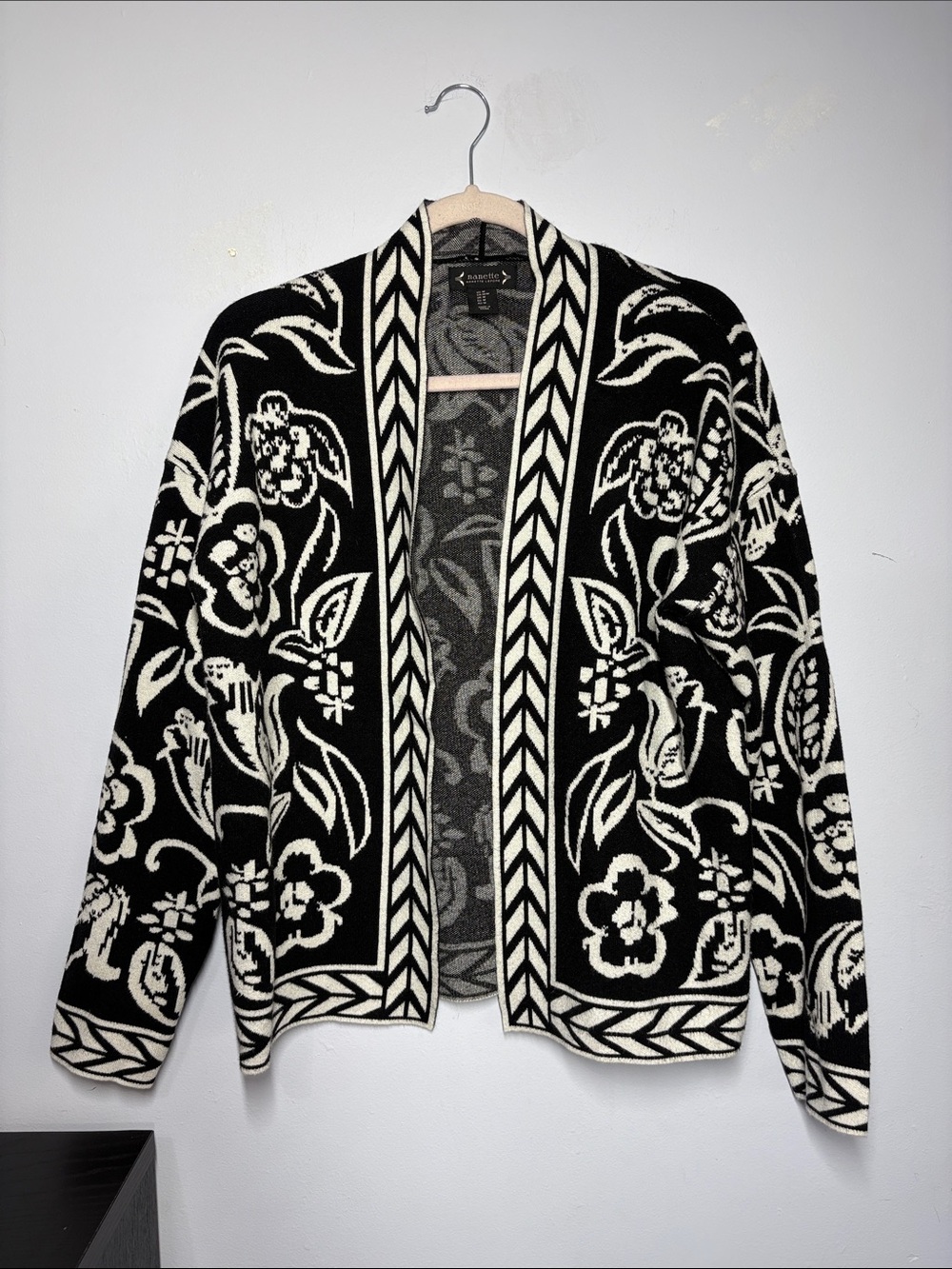 Nanette Lepore Black & White Floral Open-Front Cardigan Jacket
